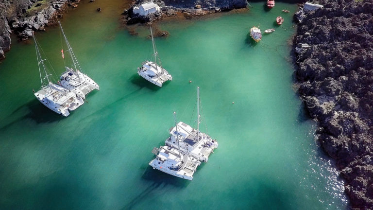 Marina with sailboats and yachts in turquoise water, rocky shoreline, aerial perspective.