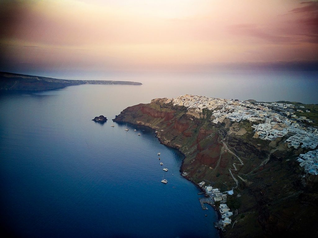 Drone photography of the town of Oia in Santorini